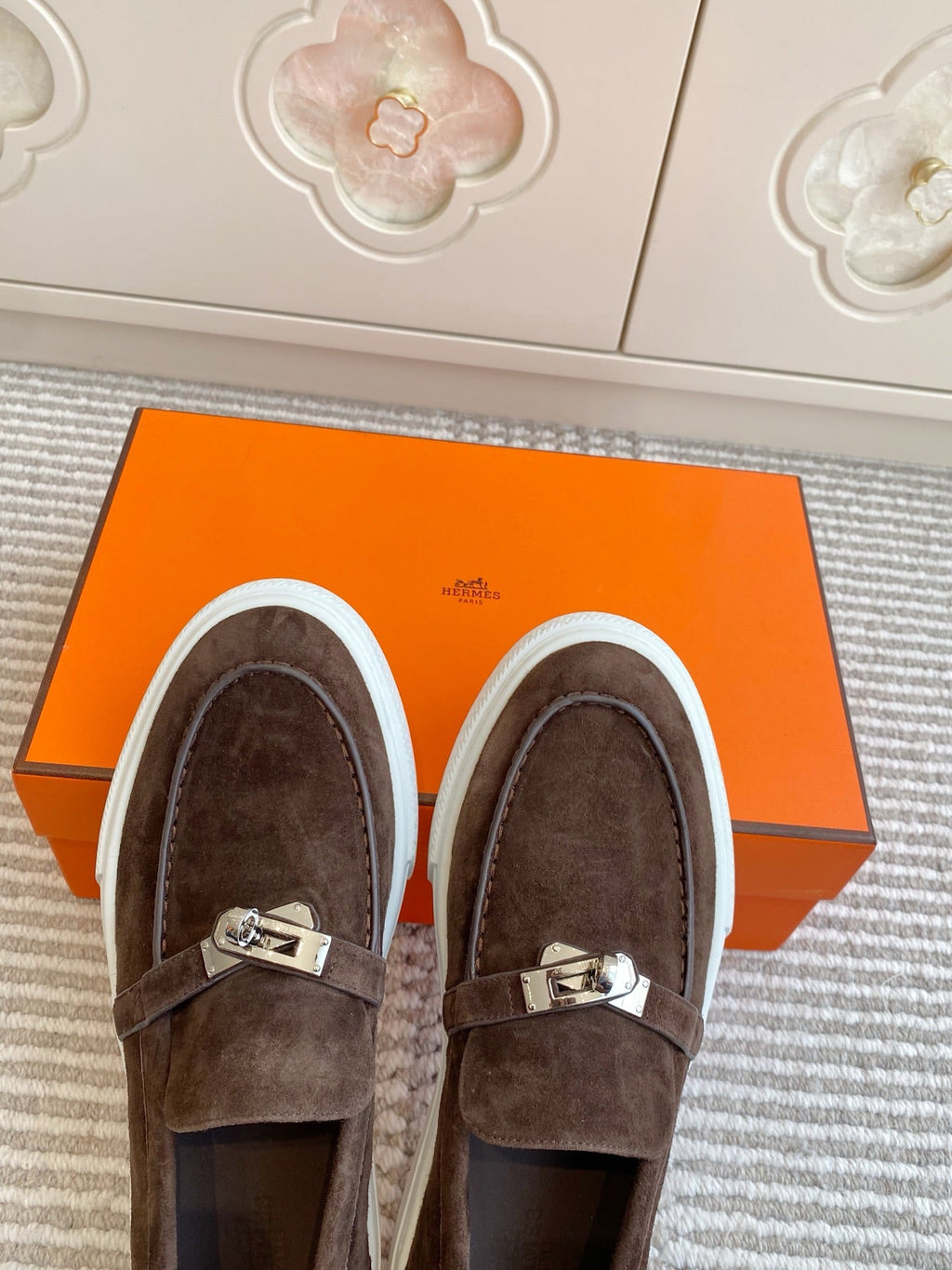 HERMES 25S SLIP-ON IN DARK BROWN SUEDE WITH SILVER HARDWARE