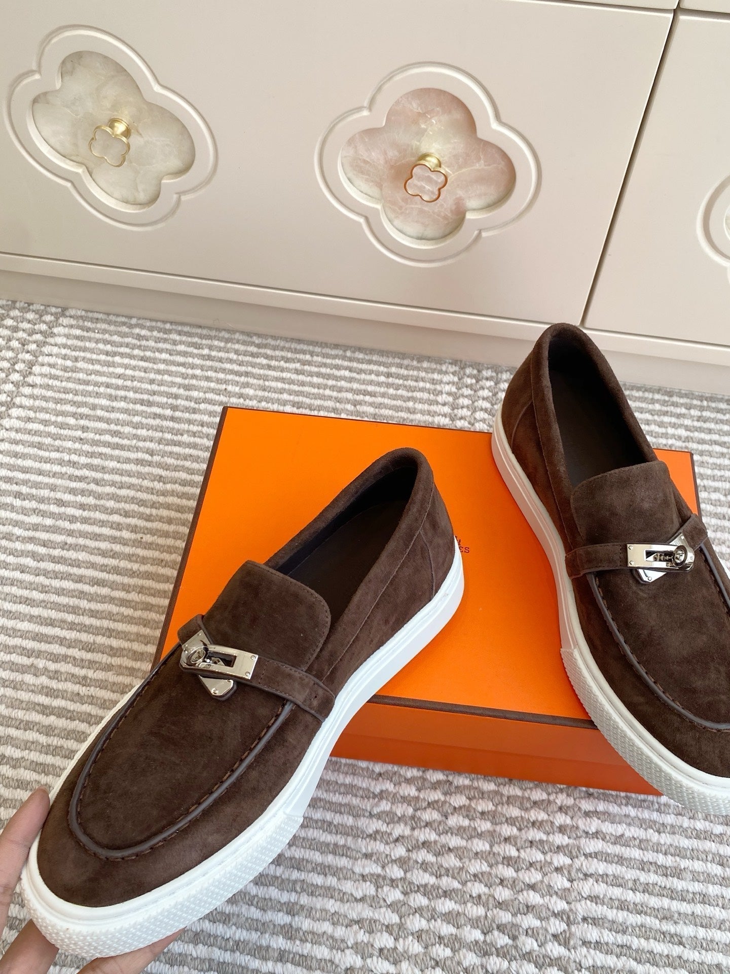 HERMES 25S SLIP-ON IN DARK BROWN SUEDE WITH SILVER HARDWARE