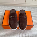 HERMES 25S MULES IN DARK BROWN SUEDE WITH SILVER HARDWARE