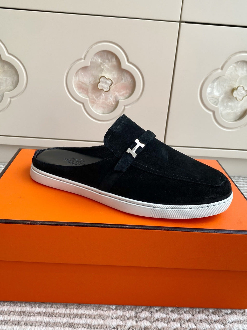 HERMES 25S MULES IN BLACK SUEDE WITH SILVER HARDWARE