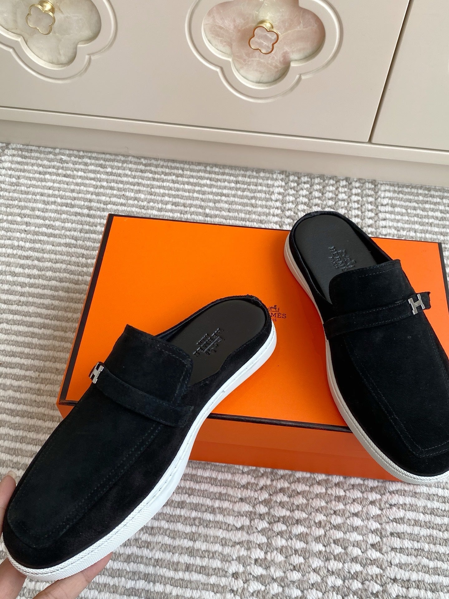 HERMES 25S MULES IN BLACK SUEDE WITH SILVER HARDWARE