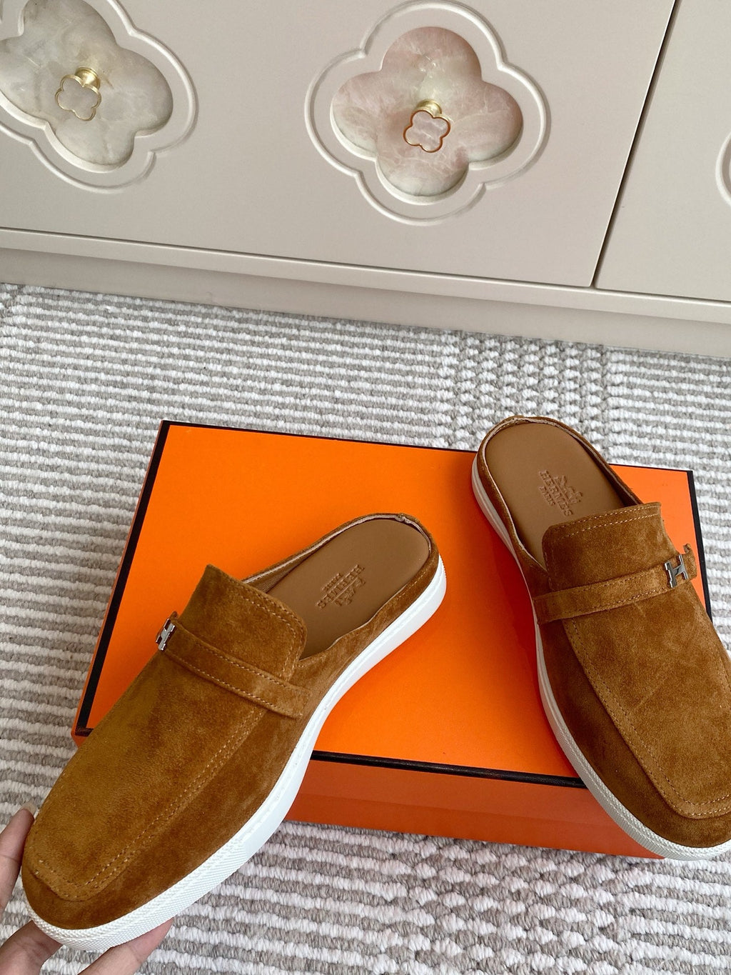 HERMES 25S MULES IN BROWN SUEDE WITH SILVER HARDWARE