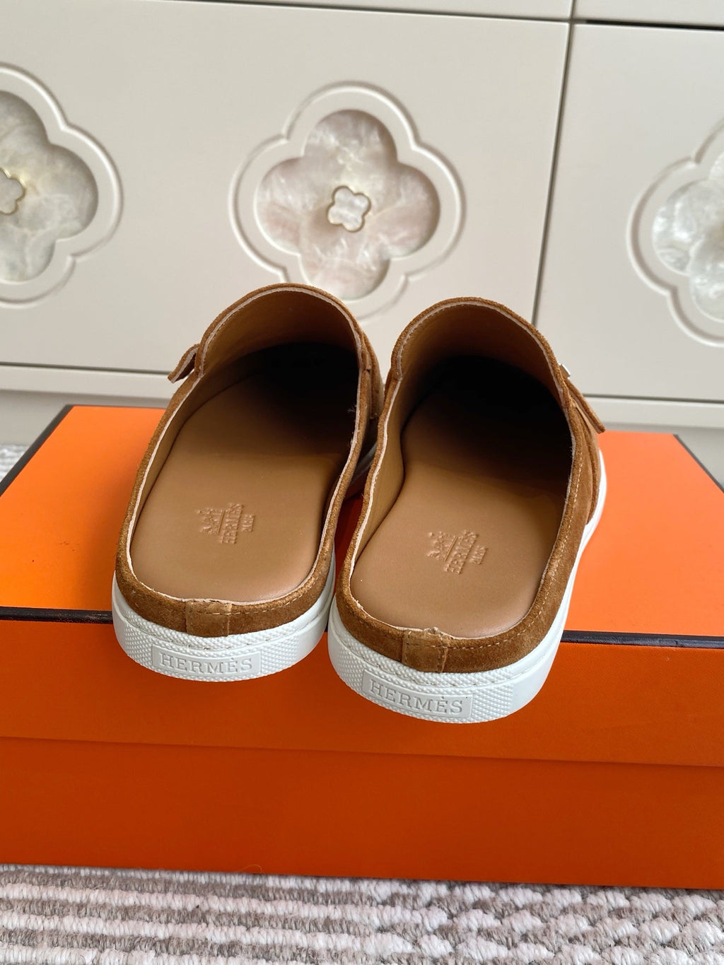 HERMES 25S MULES IN BROWN SUEDE WITH SILVER HARDWARE