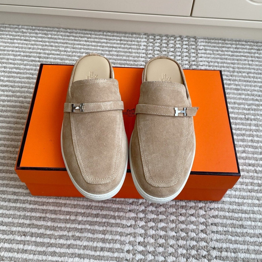 HERMES 25S MULES IN BEIGE SUEDE WITH SILVER HARDWARE