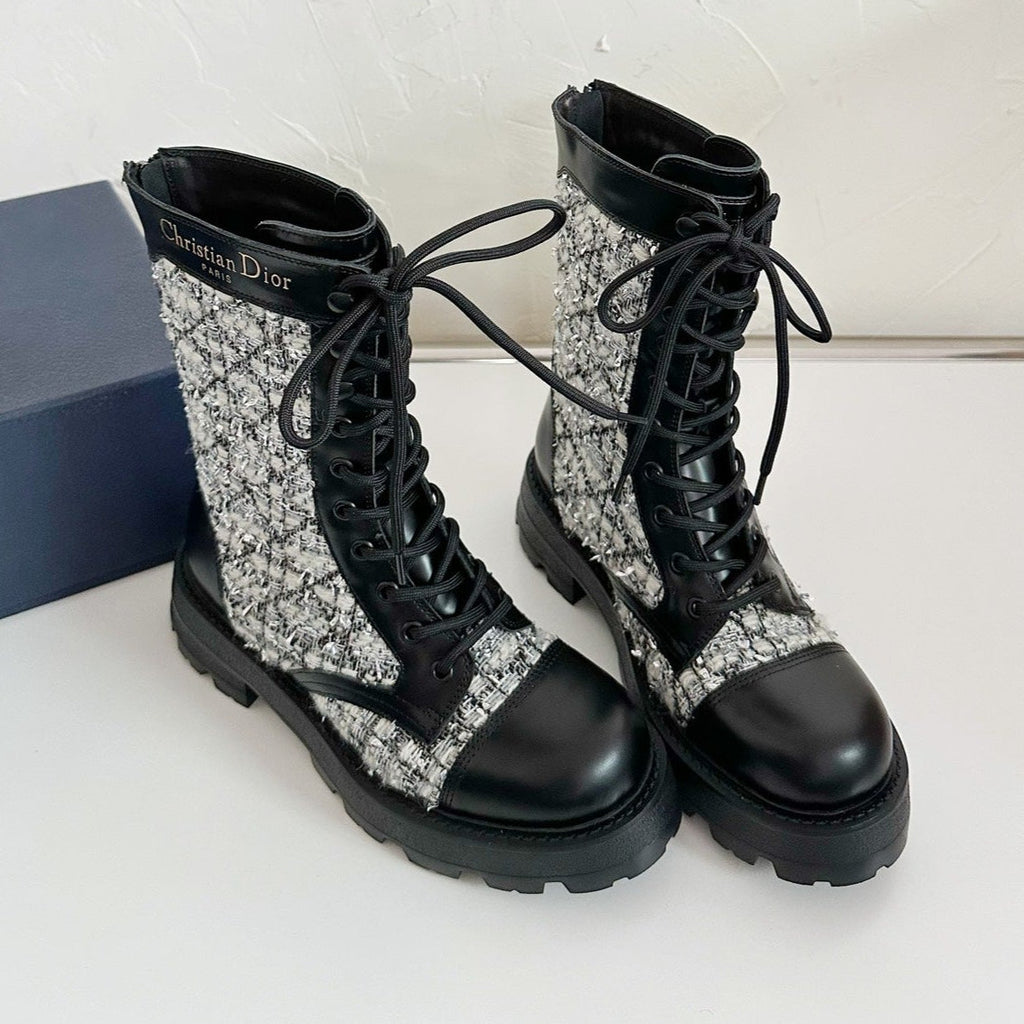 DIOR D-UNIT ANKLE BOOT BLACK CALFSKIN WITH WHITE AND BLACK CANNAGE TWEED