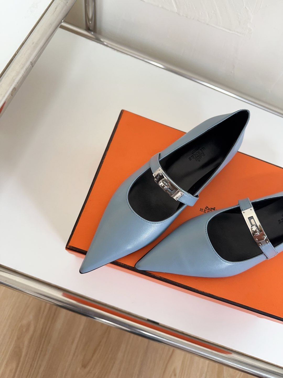 HERMES KIARA FLAT PUMP IN CERULEAN BLUE CALFSKIN