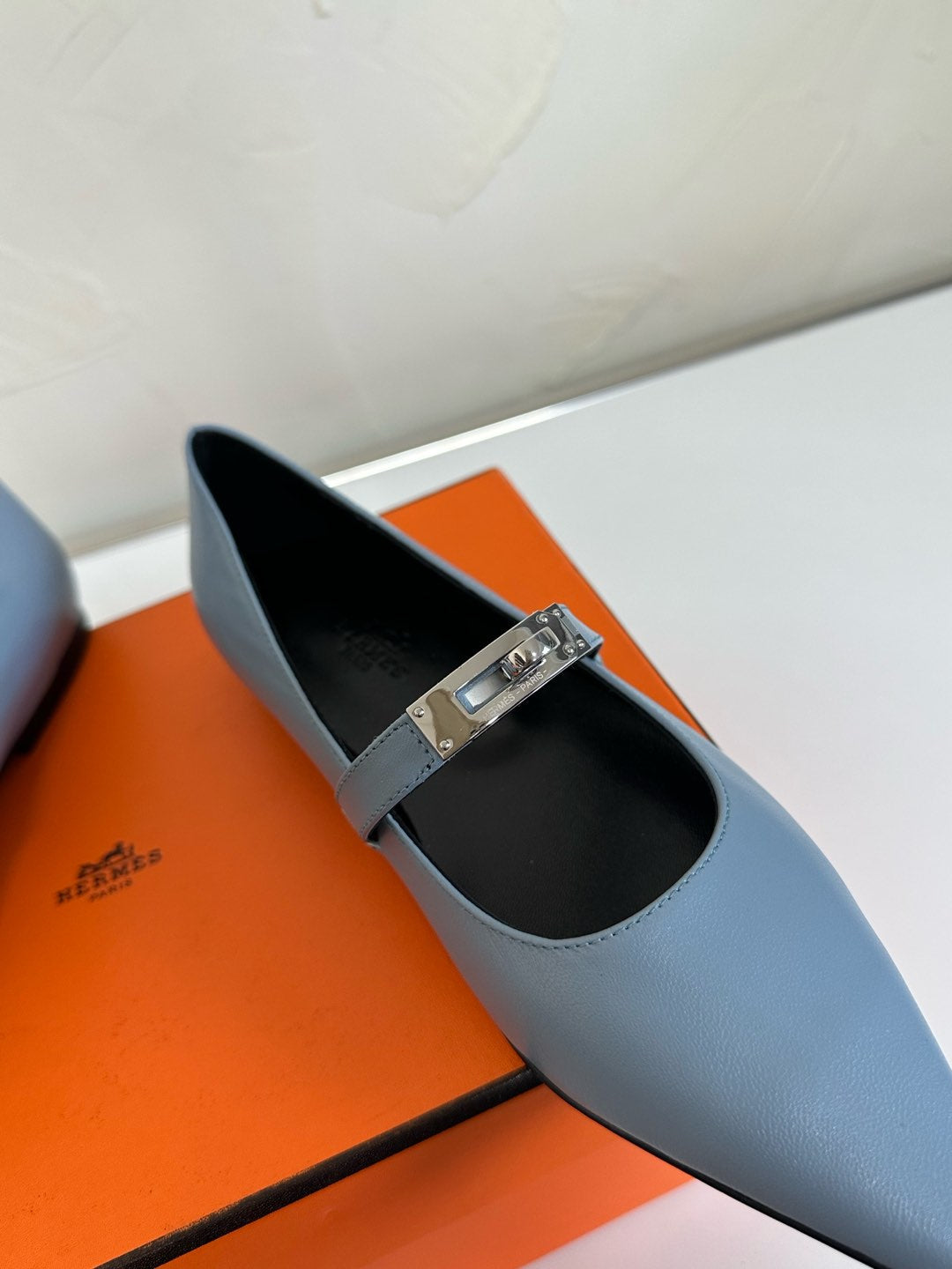 HERMES KIARA FLAT PUMP IN CERULEAN BLUE CALFSKIN