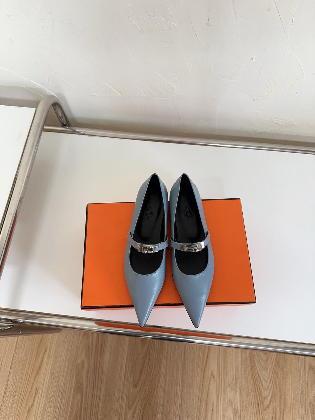HERMES KIARA FLAT PUMP IN CERULEAN BLUE CALFSKIN
