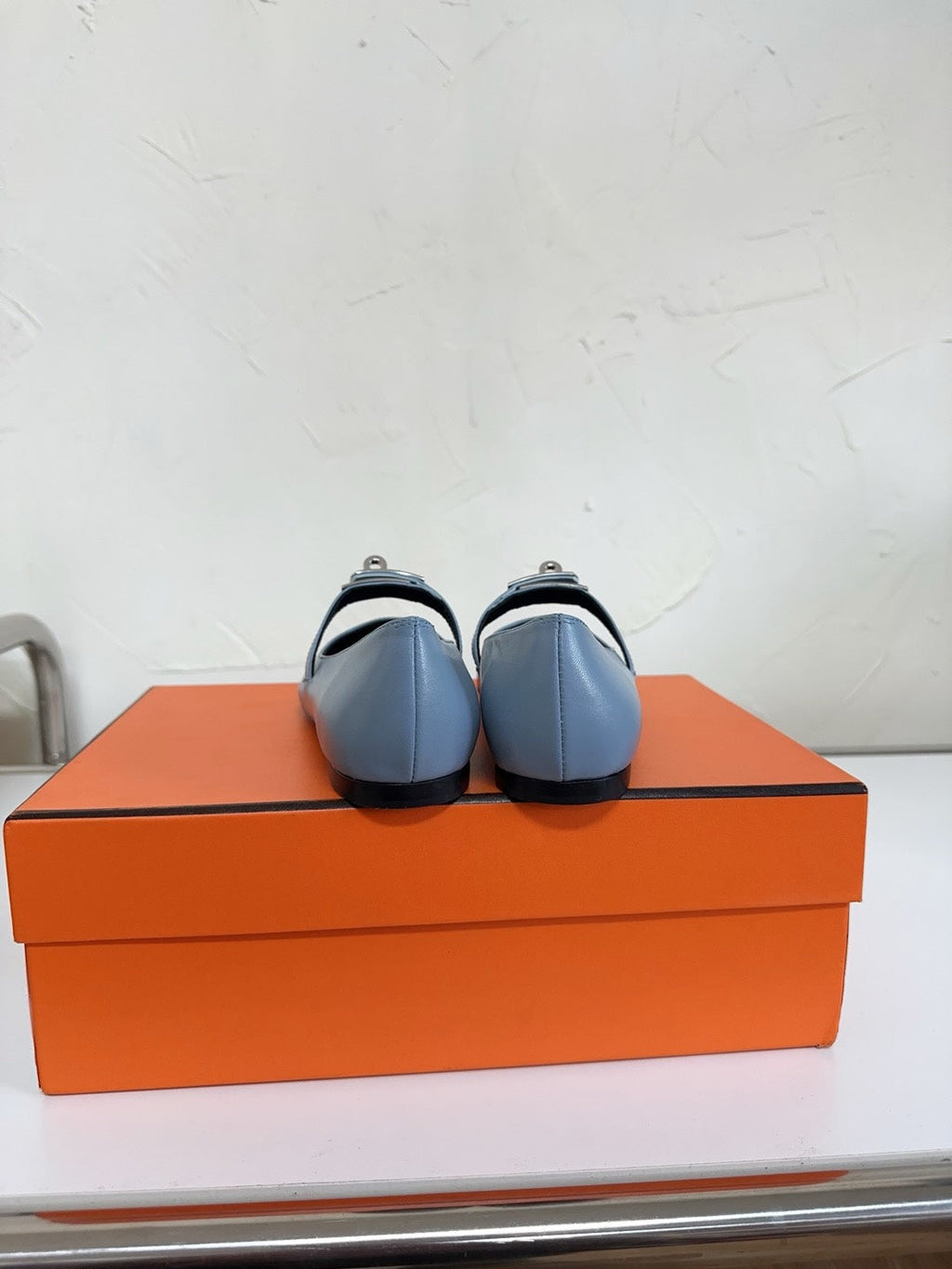 HERMES KIARA FLAT PUMP IN CERULEAN BLUE CALFSKIN
