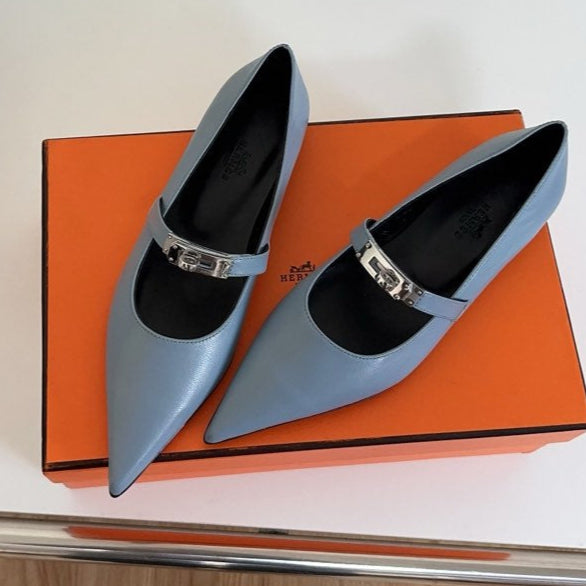 HERMES KIARA FLAT PUMP IN CERULEAN BLUE CALFSKIN