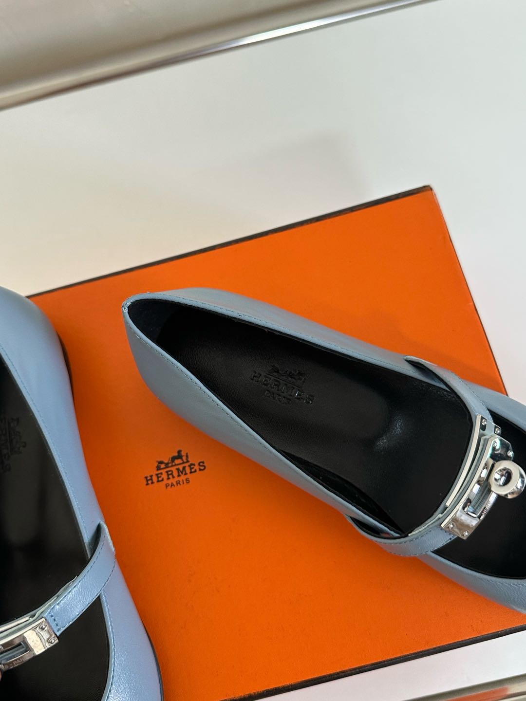 HERMES KIARA FLAT PUMP IN CERULEAN BLUE CALFSKIN