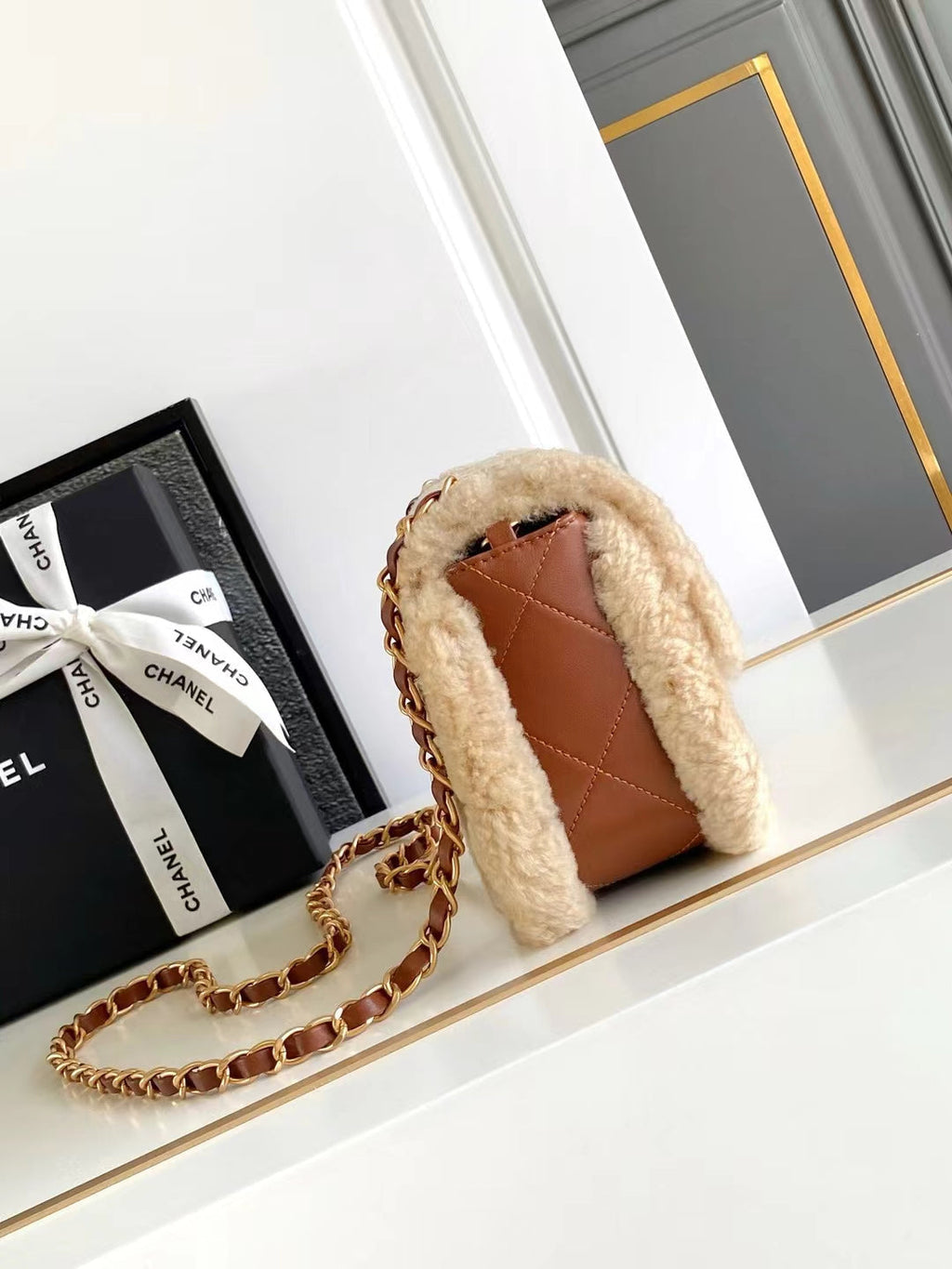 CHANEL MINI FLAP BAG 18 IN BEIGE WOOL AND GINGER ORANGE CALFSKIN GOLD HARDWARE