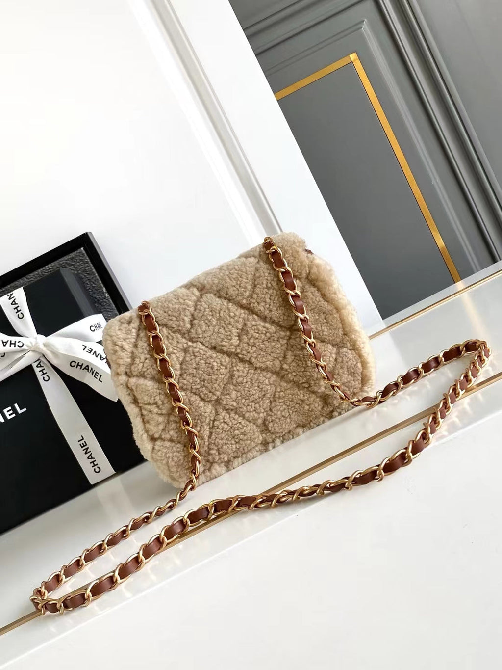 CHANEL MINI FLAP BAG 18 IN BEIGE WOOL AND GINGER ORANGE CALFSKIN GOLD HARDWARE
