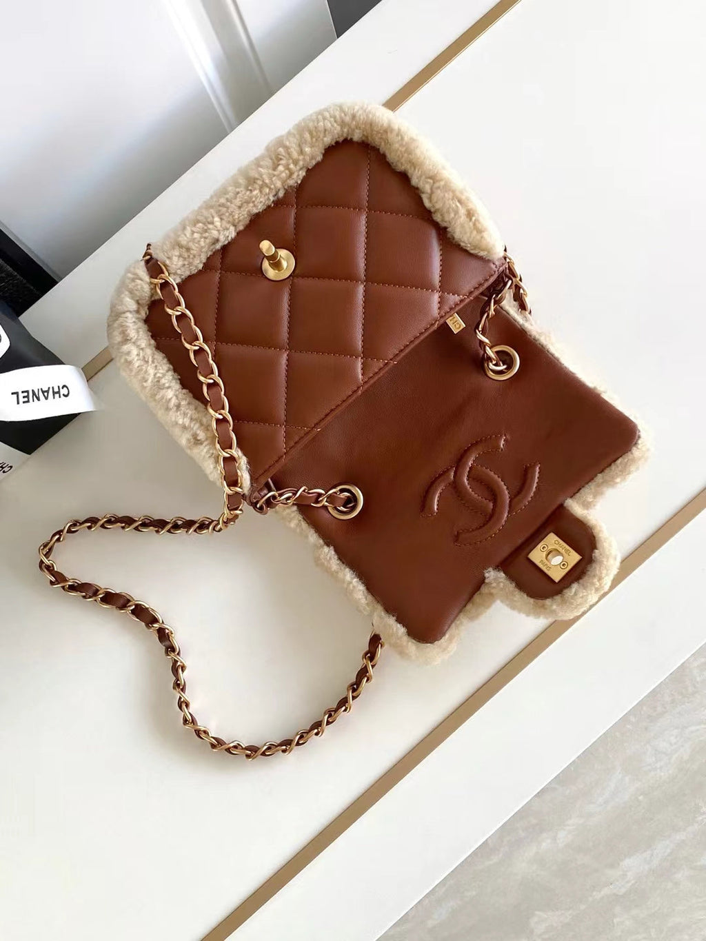 CHANEL MINI FLAP BAG 18 IN BEIGE WOOL AND GINGER ORANGE CALFSKIN GOLD HARDWARE