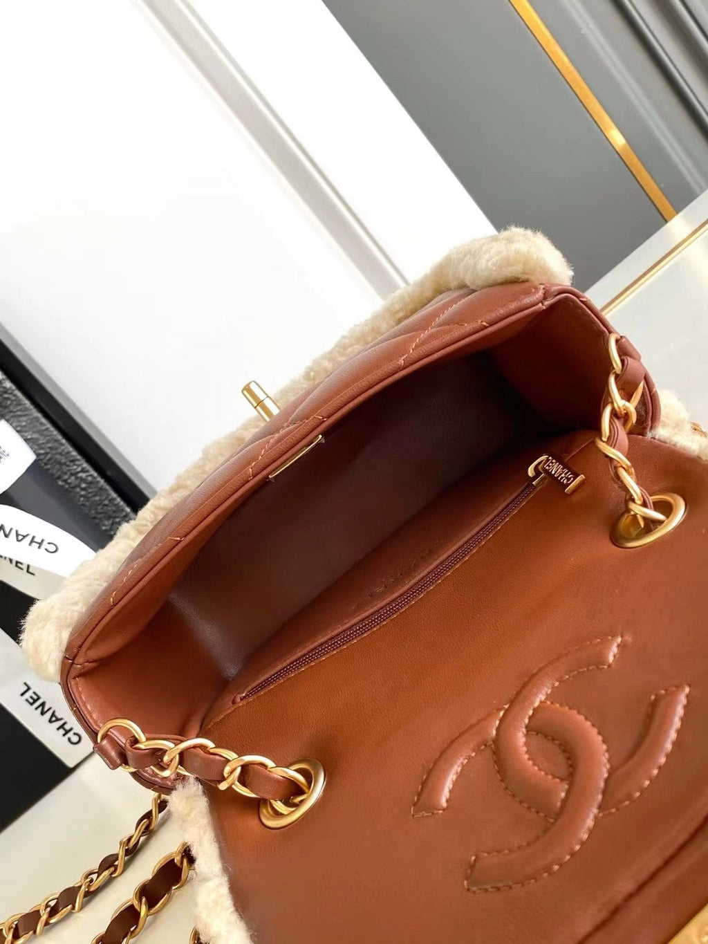 CHANEL MINI FLAP BAG 18 IN BEIGE WOOL AND GINGER ORANGE CALFSKIN GOLD HARDWARE