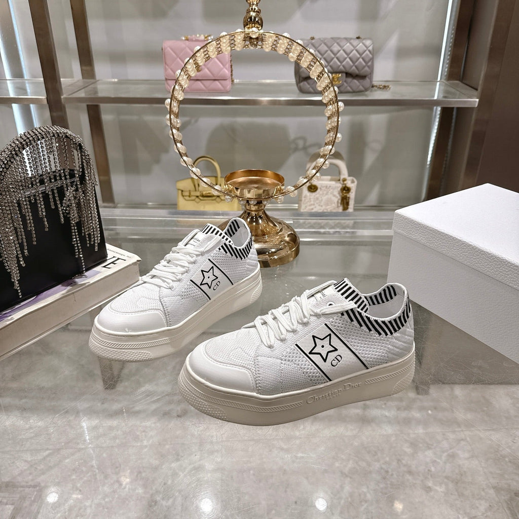 DIOR CD STAR SNEAKER 4CM IN WHITE MESH FABRIC BLACK STRIPE COLLAR DETAIL