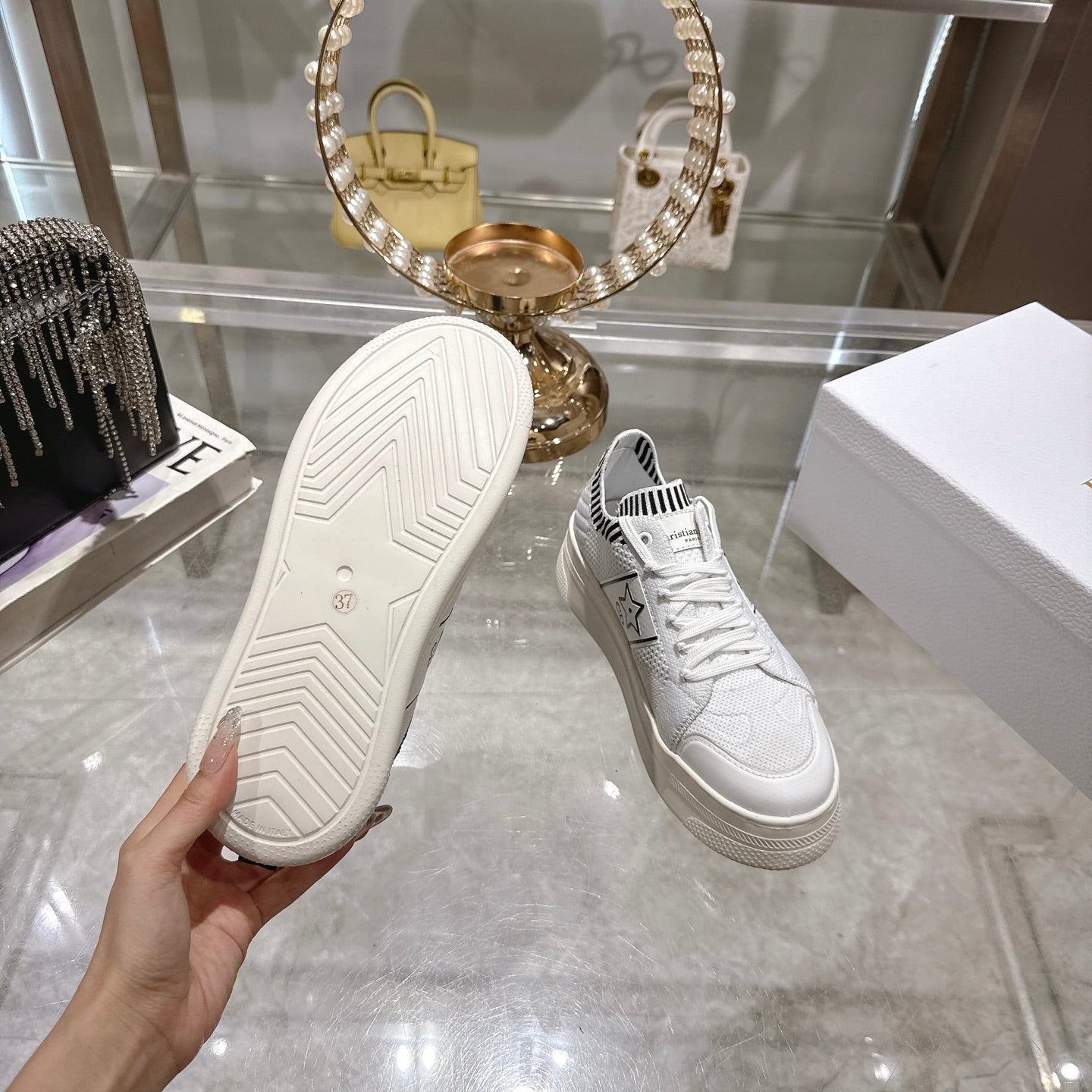 DIOR CD STAR SNEAKER 4CM IN WHITE MESH FABRIC BLACK STRIPE COLLAR DETAIL