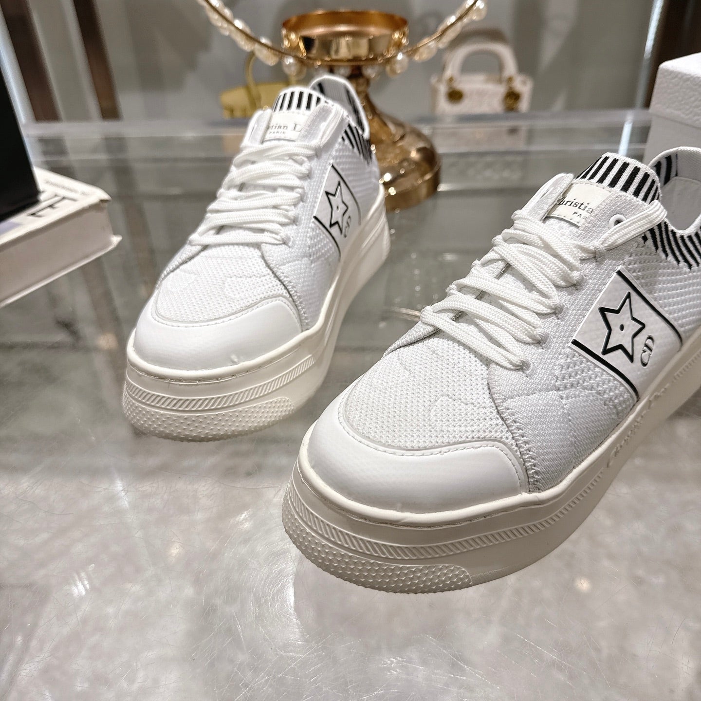 DIOR CD STAR SNEAKER 4CM IN WHITE MESH FABRIC BLACK STRIPE COLLAR DETAIL