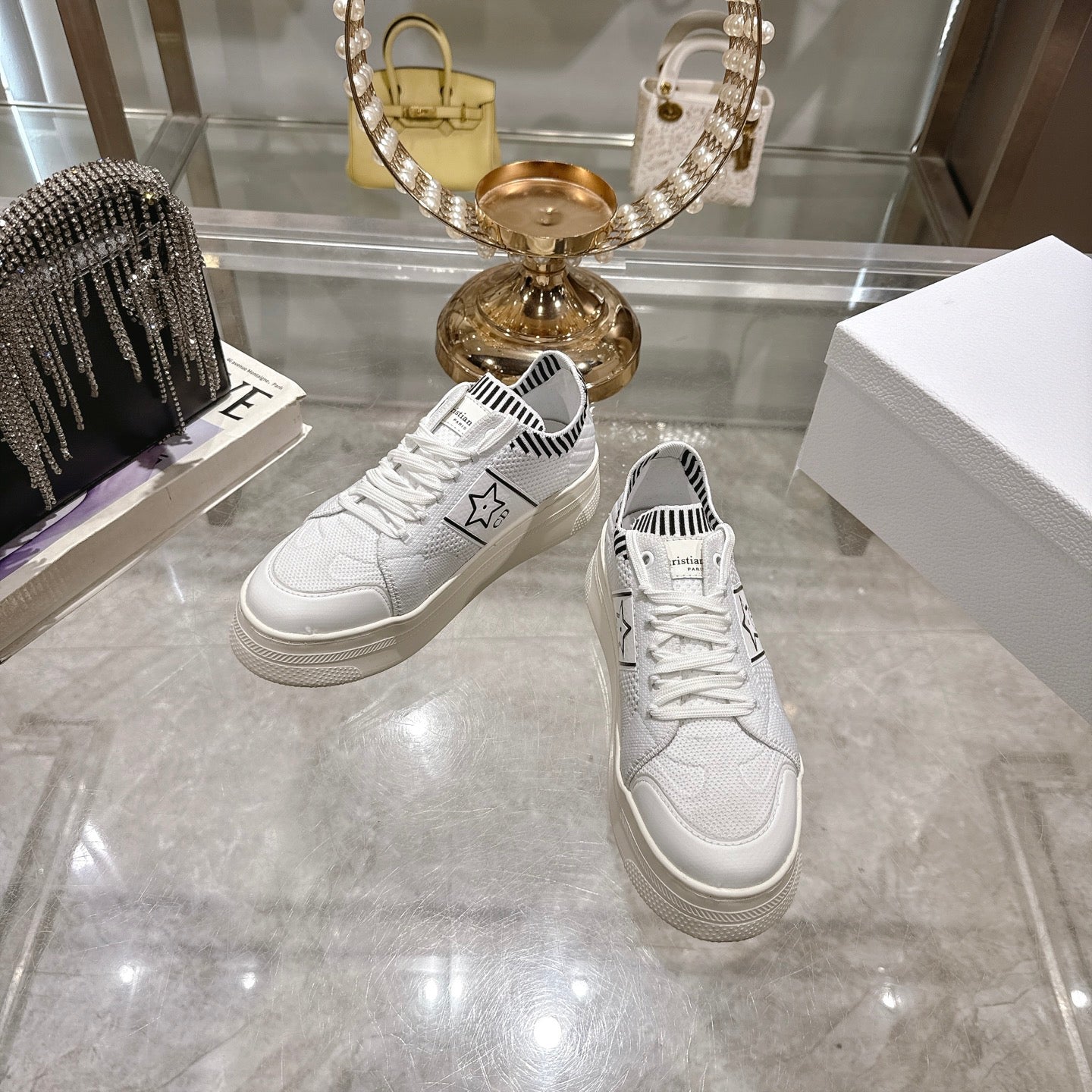 DIOR CD STAR SNEAKER 4CM IN WHITE MESH FABRIC BLACK STRIPE COLLAR DETAIL
