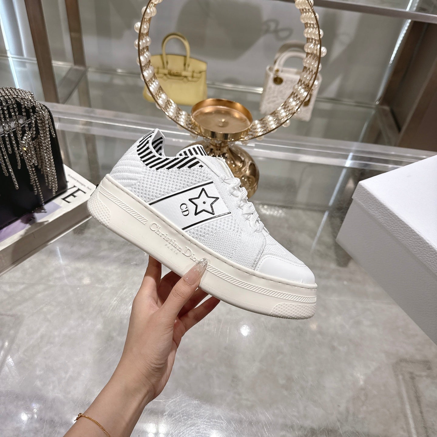 DIOR CD STAR SNEAKER 4CM IN WHITE MESH FABRIC BLACK STRIPE COLLAR DETAIL