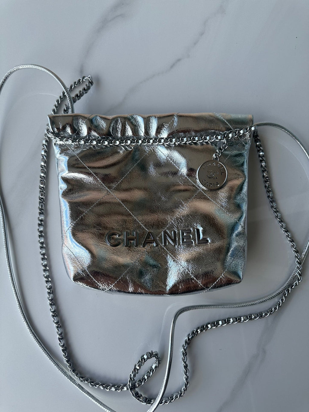 CHANEL MINI 20 BAG IN SILVER METALLIC LAMBSKIN