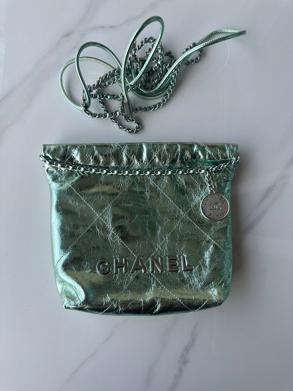 CHANEL MINI 20 BAG IN SEA GREEN METALLIC LAMBSKIN