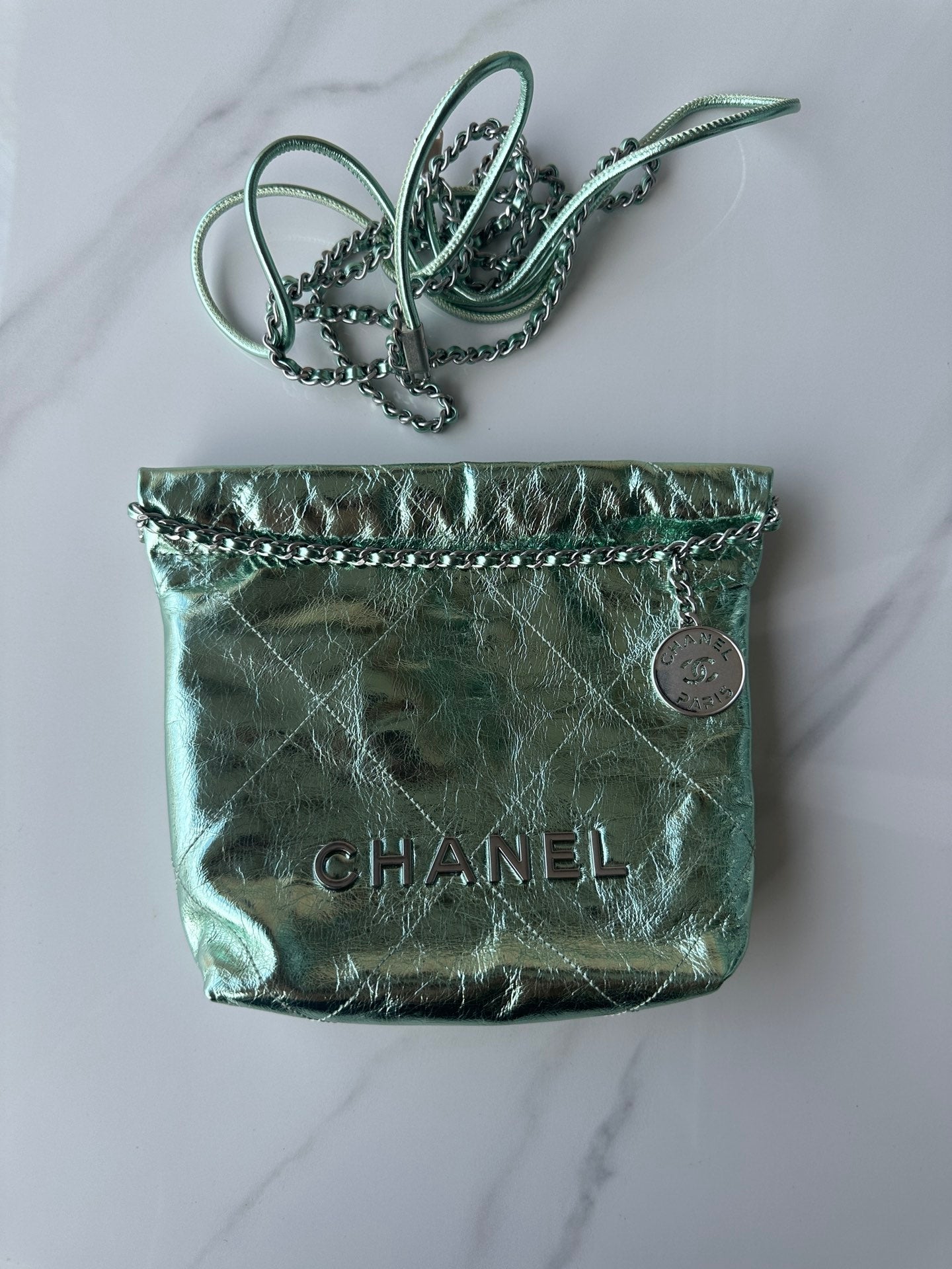 CHANEL MINI 20 BAG IN SEA GREEN METALLIC LAMBSKIN