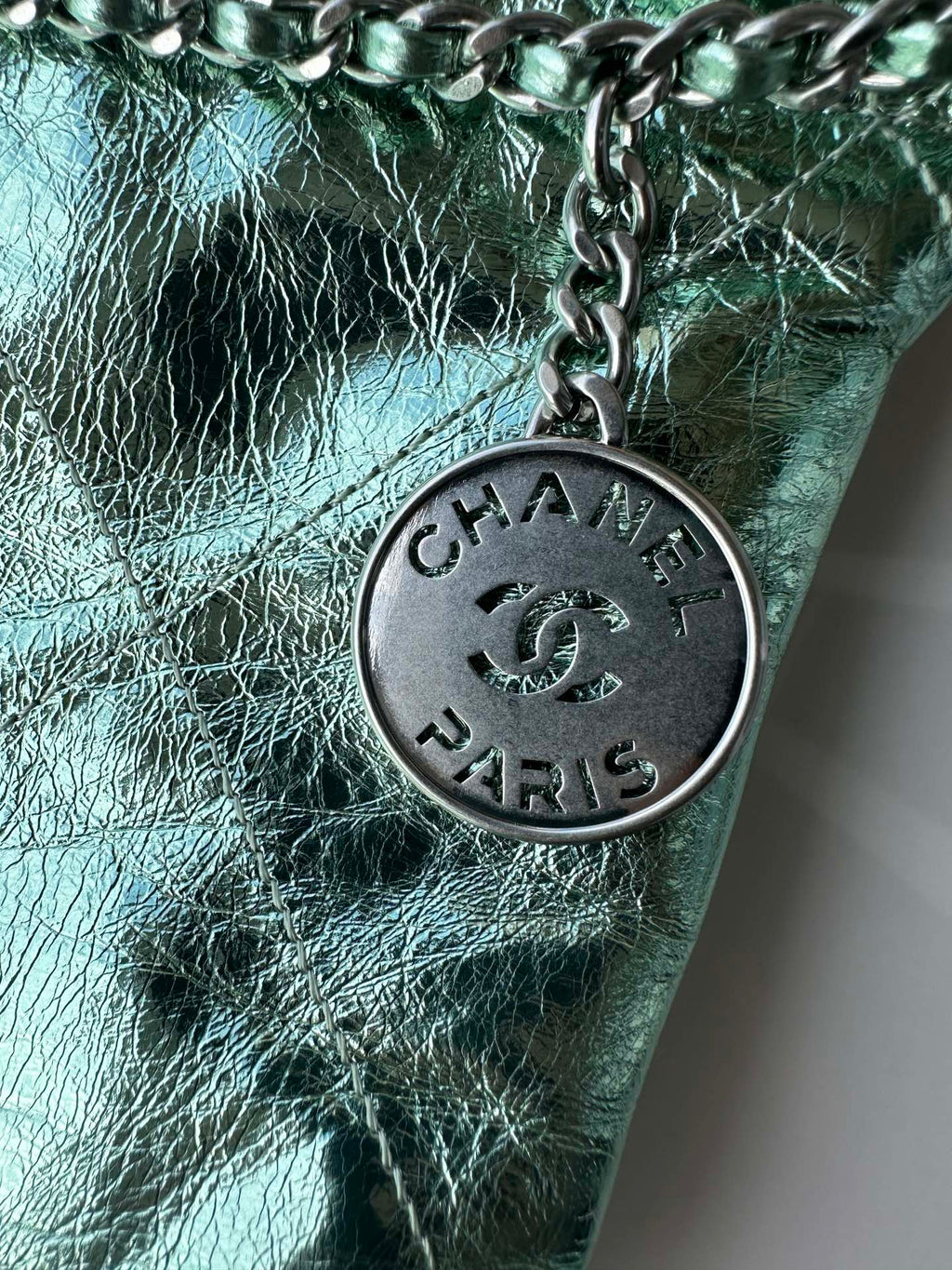 CHANEL MINI 20 BAG IN SEA GREEN METALLIC LAMBSKIN