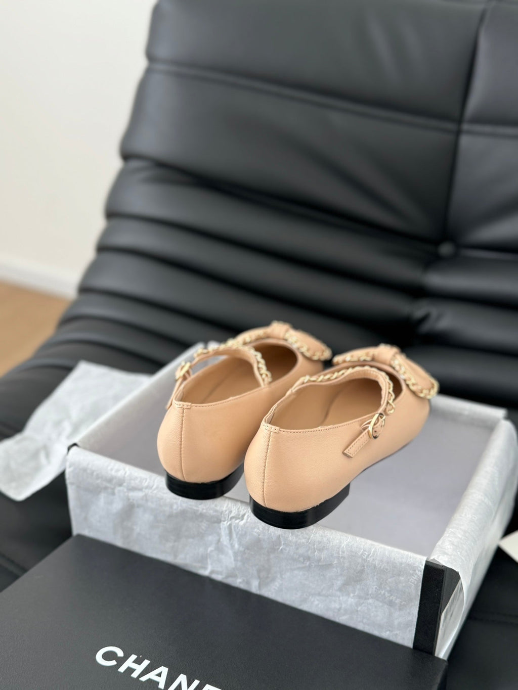 CHANEL BALLET FLATS IN SEPIA BEIGE LAMBSKIN WITH GOLD HARDWARE