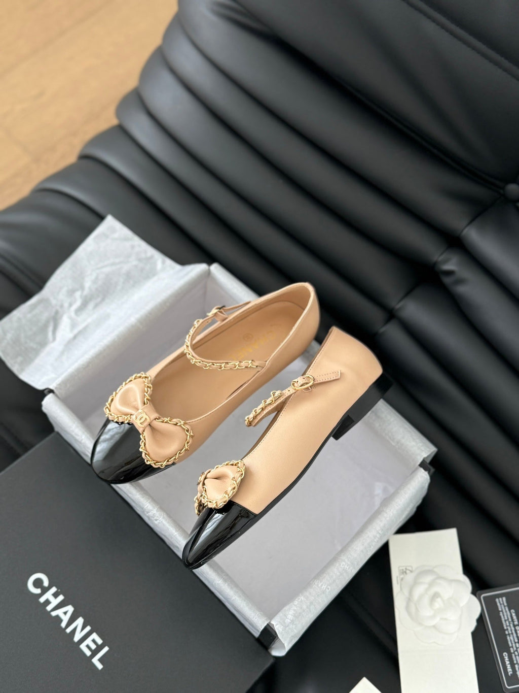 CHANEL BALLET FLATS IN SEPIA BEIGE LAMBSKIN WITH GOLD HARDWARE