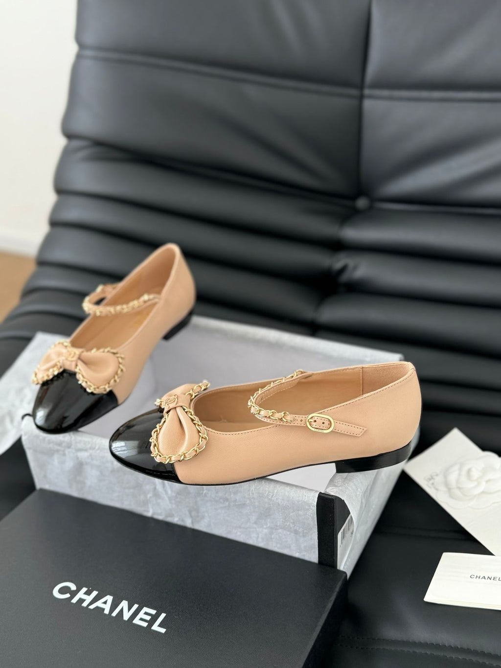 CHANEL BALLET FLATS IN SEPIA BEIGE LAMBSKIN WITH GOLD HARDWARE