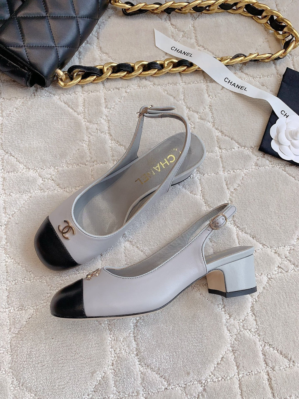 CHANEL SLINGBACKS IN SLATE GREY MIX BLACK SHEEPSKIN