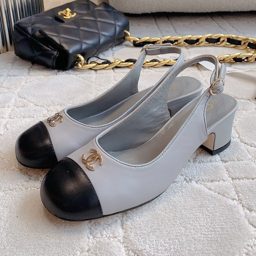 CHANEL SLINGBACKS IN SLATE GREY MIX BLACK SHEEPSKIN