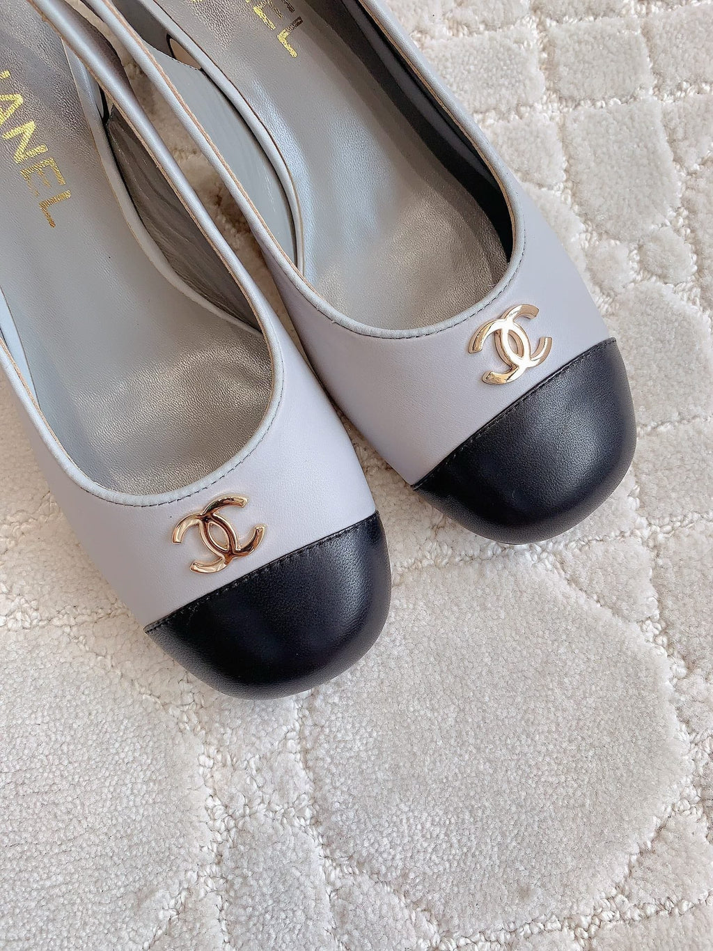 CHANEL SLINGBACKS IN SLATE GREY MIX BLACK SHEEPSKIN