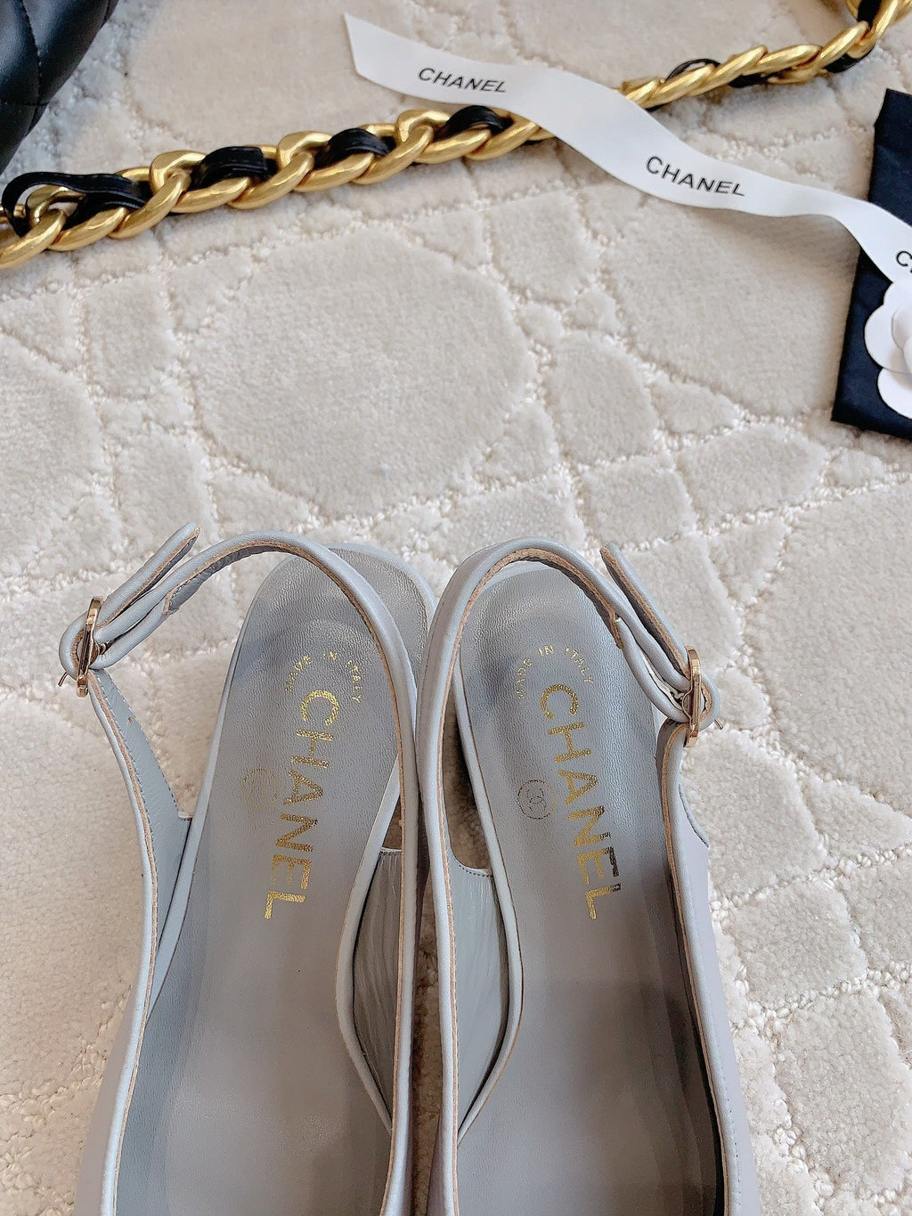 CHANEL SLINGBACKS IN SLATE GREY MIX BLACK SHEEPSKIN