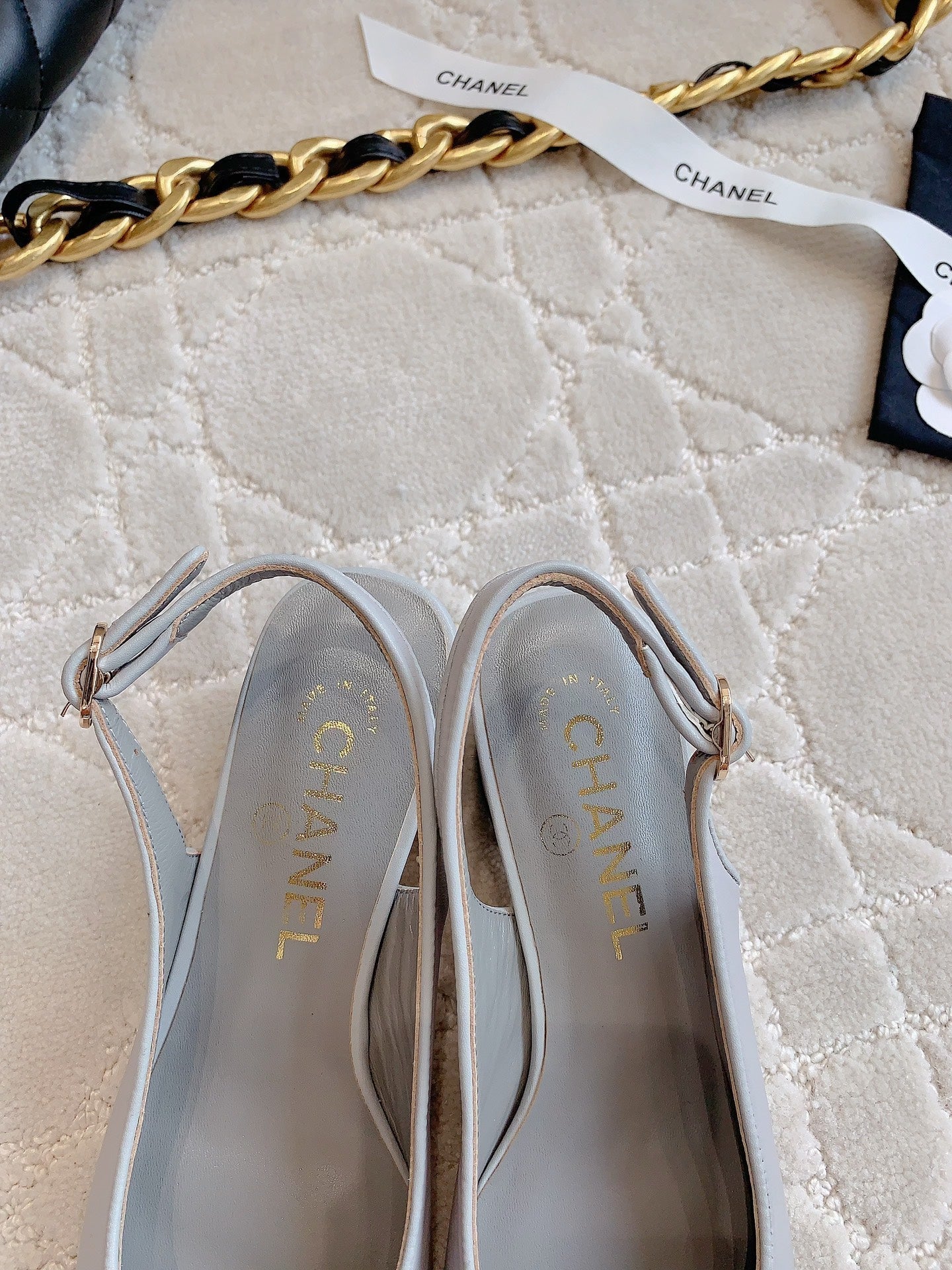 CHANEL SLINGBACKS IN SLATE GREY MIX BLACK SHEEPSKIN