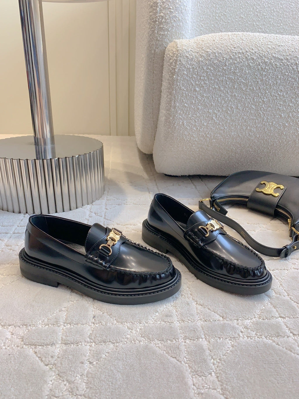 CELINE CHANEL  25S ARC DE TRIOMPHE LOAFERS IN BLACK SHINY CALFSKIN GOLD HARDWARE