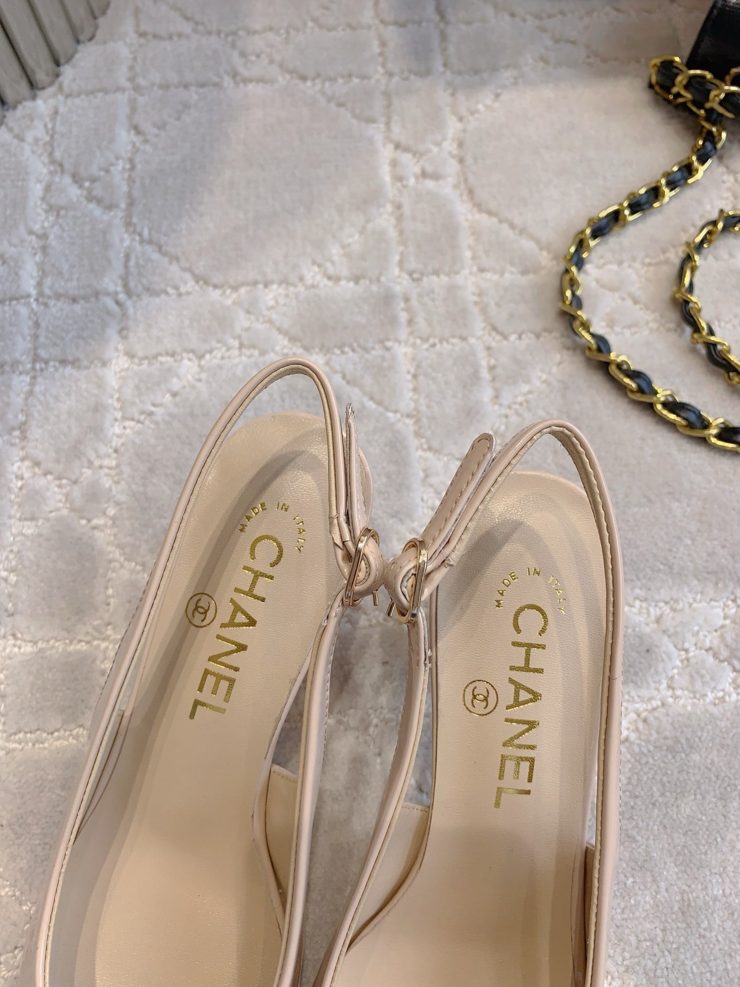 CHANEL HIGH SLINGBACKS 65 MM IN BEIGE CREAM PATENT CALFSKIN