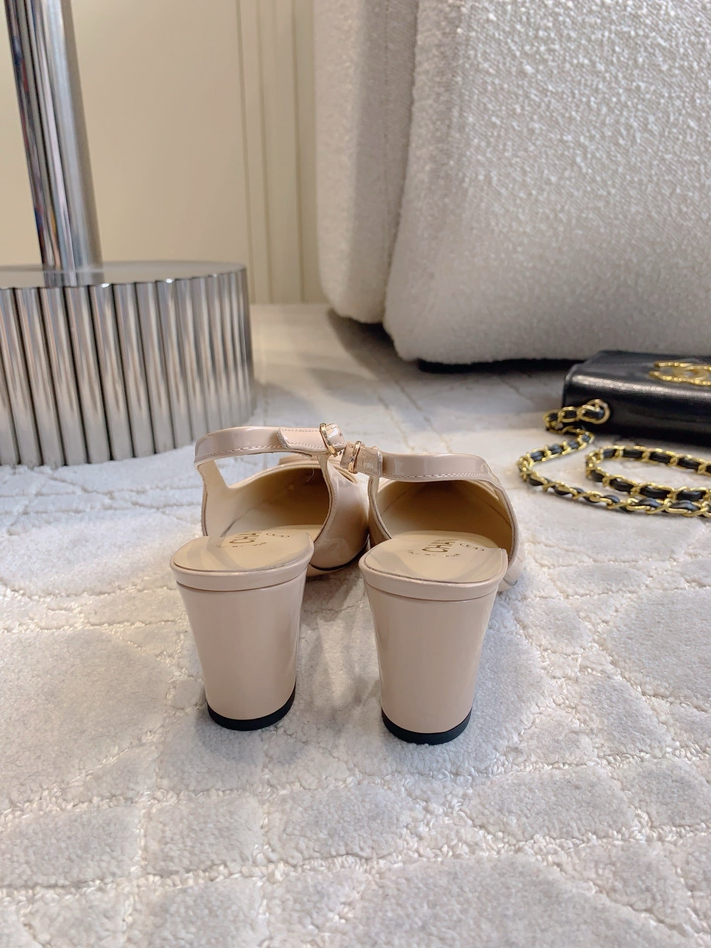CHANEL HIGH SLINGBACKS 65 MM IN BEIGE CREAM PATENT CALFSKIN