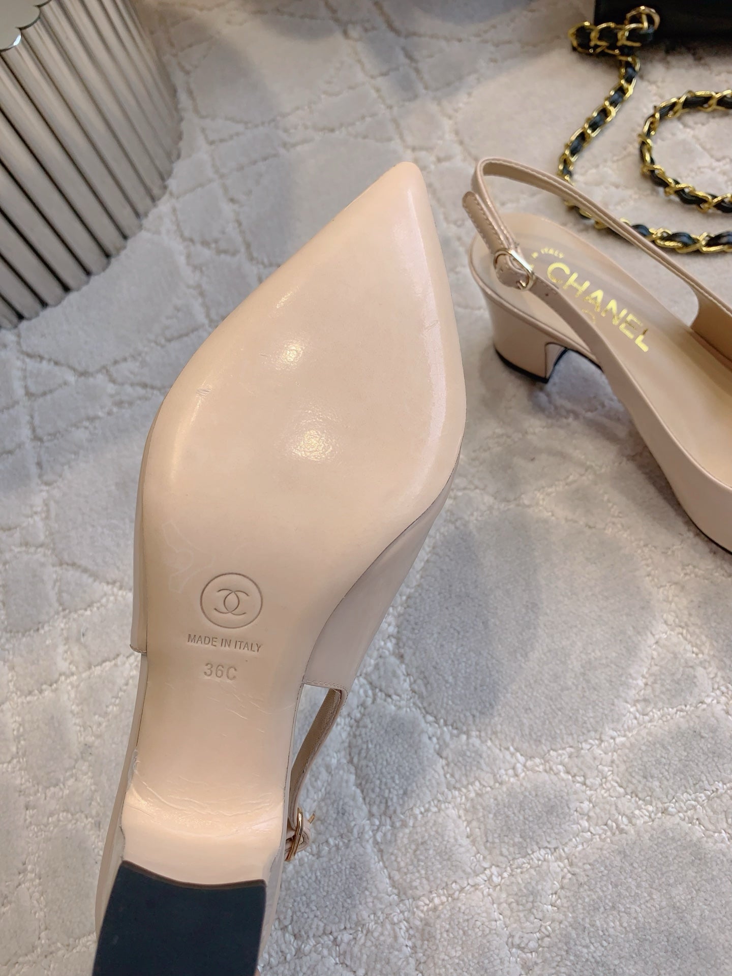CHANEL HIGH SLINGBACKS 65 MM IN BEIGE CREAM PATENT CALFSKIN