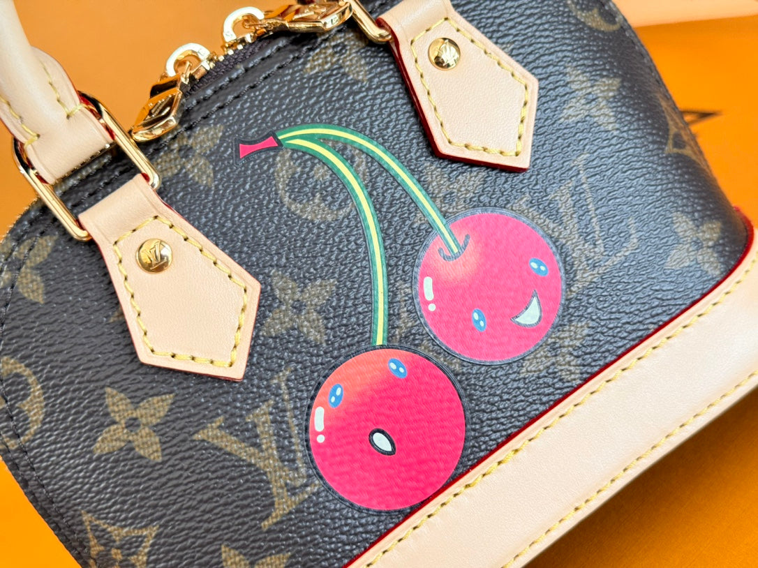 LOUIS VUITTON LV 25S NANO ALMA 18 IN DARK BROWN CANVAS MONOGRAM CHERRY PRINT GOLD HARDWARE