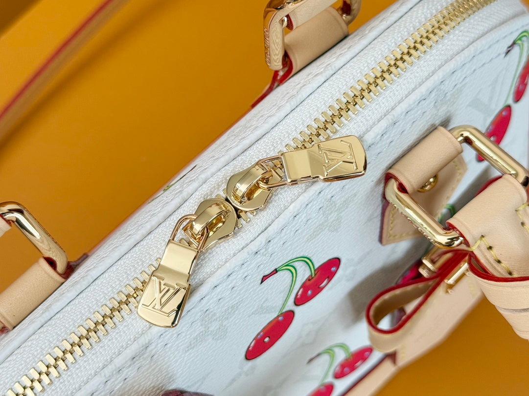 LOUIS VUITTON LV 25S ALMA BB 23 IN WHITE CANVAS MONOGRAM CHERRY PRINT GOLD HARDWARE
