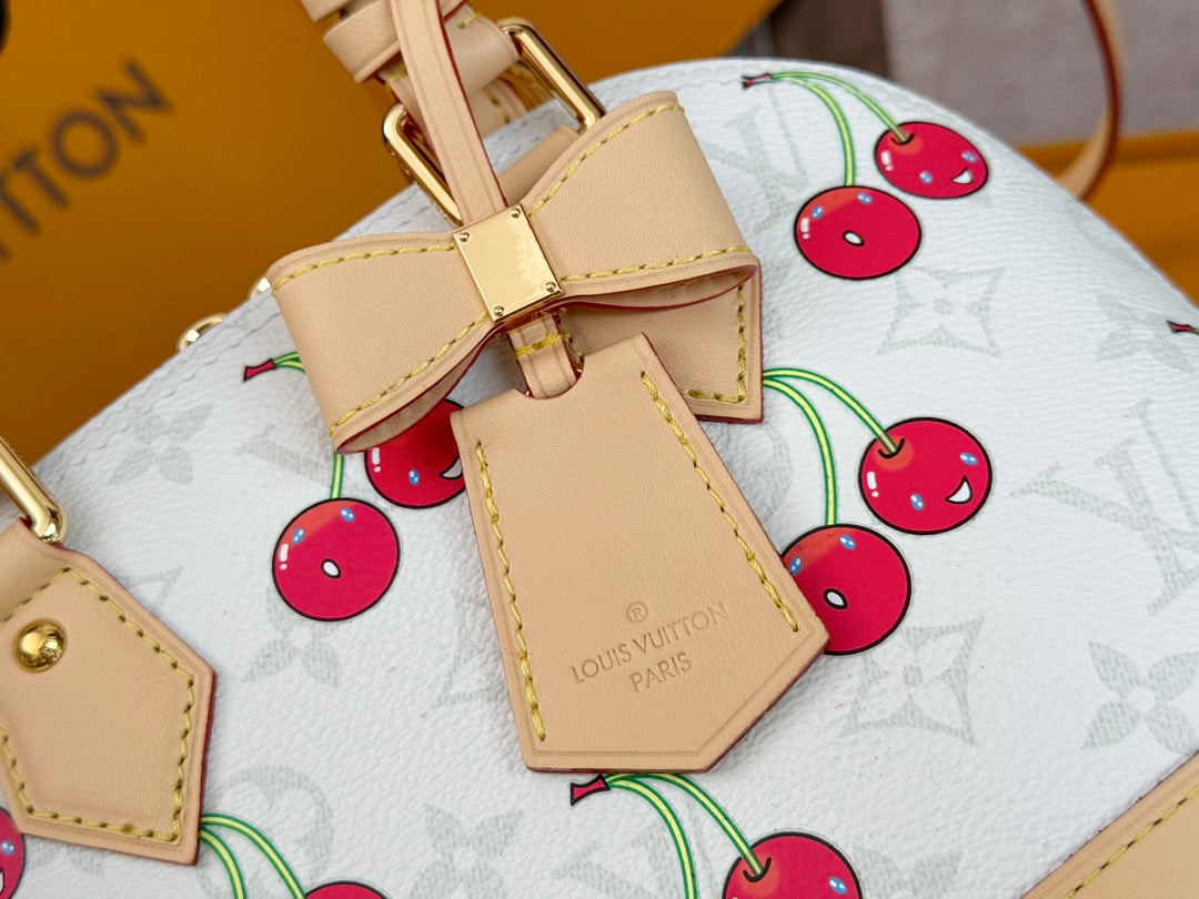 LOUIS VUITTON LV 25S ALMA BB 23 IN WHITE CANVAS MONOGRAM CHERRY PRINT GOLD HARDWARE