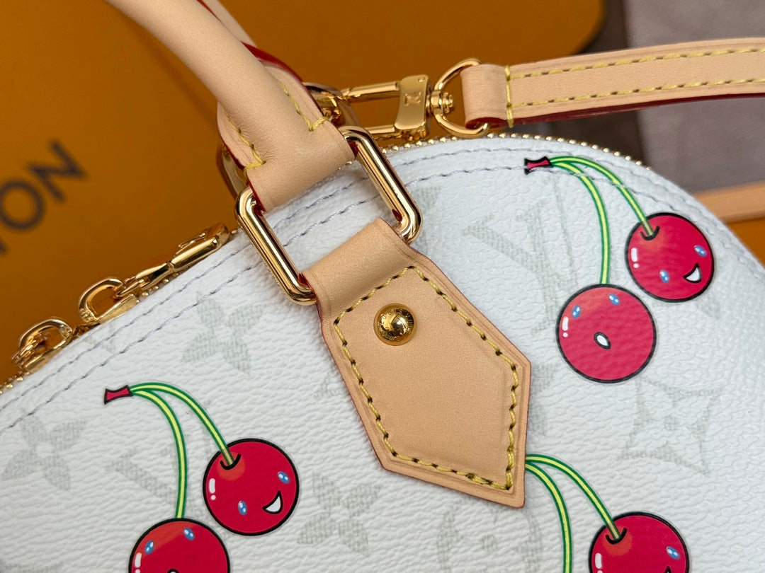 LOUIS VUITTON LV 25S ALMA BB 23 IN WHITE CANVAS MONOGRAM CHERRY PRINT GOLD HARDWARE