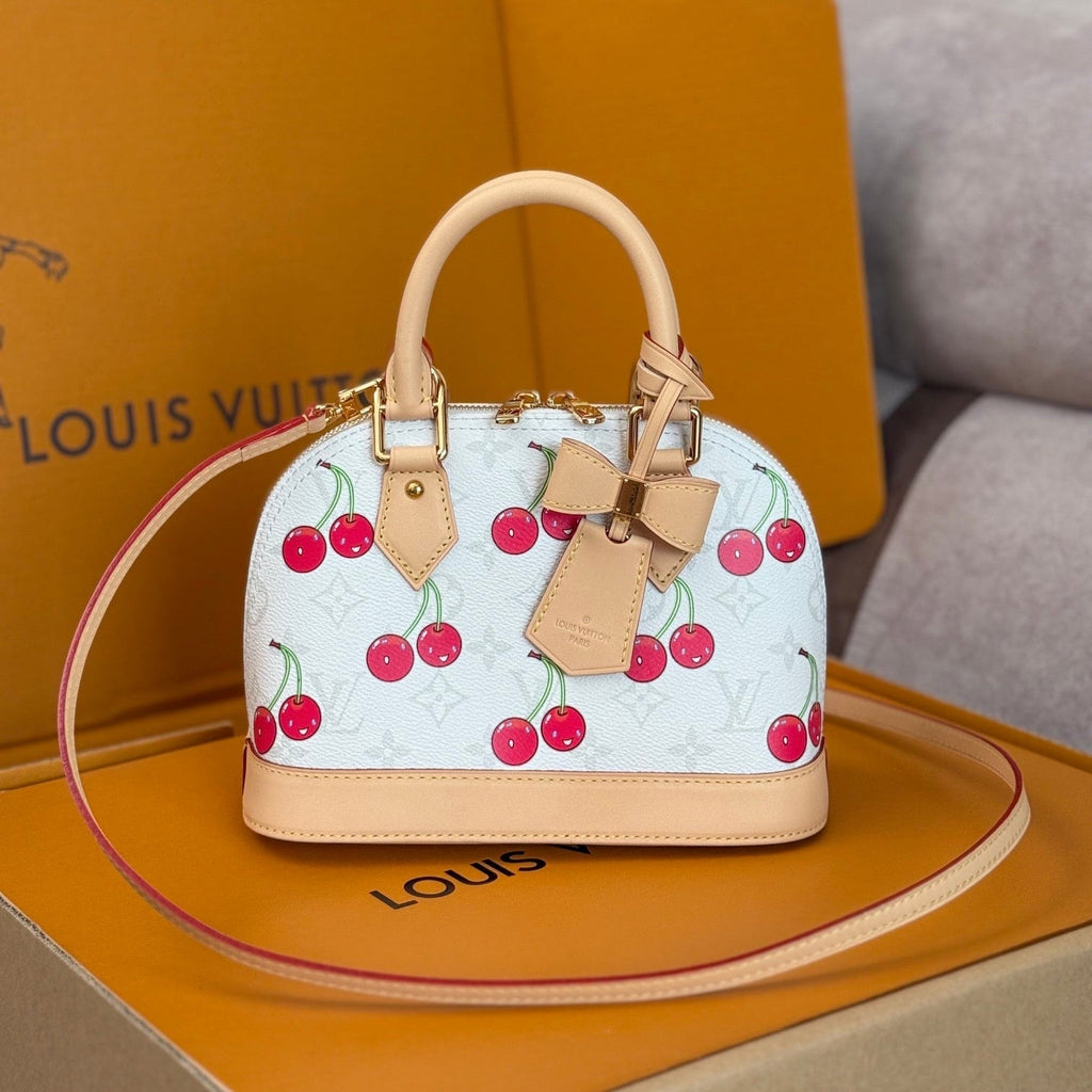 LOUIS VUITTON LV 25S ALMA BB 23 IN WHITE CANVAS MONOGRAM CHERRY PRINT GOLD HARDWARE