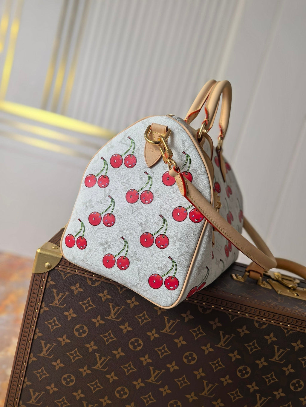 LOUIS VUITTON LV 25S SPEEDY SOFT 30 IN WHITE CANVAS MONOGRAM CHERRY PRINT GOLD HARDWARE