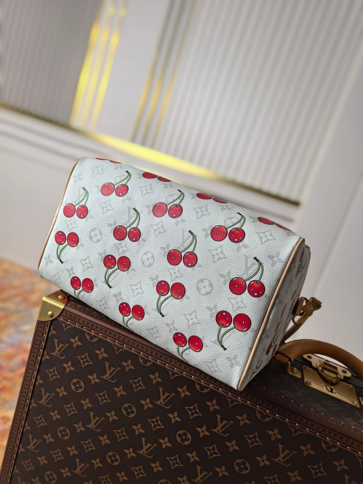 LOUIS VUITTON LV 25S SPEEDY SOFT 30 IN WHITE CANVAS MONOGRAM CHERRY PRINT GOLD HARDWARE