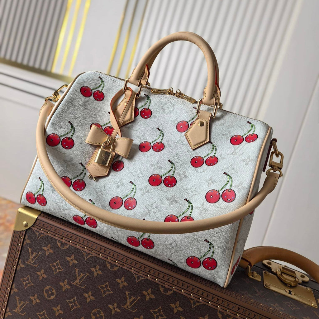 LOUIS VUITTON LV 25S SPEEDY SOFT 30 IN WHITE CANVAS MONOGRAM CHERRY PRINT GOLD HARDWARE