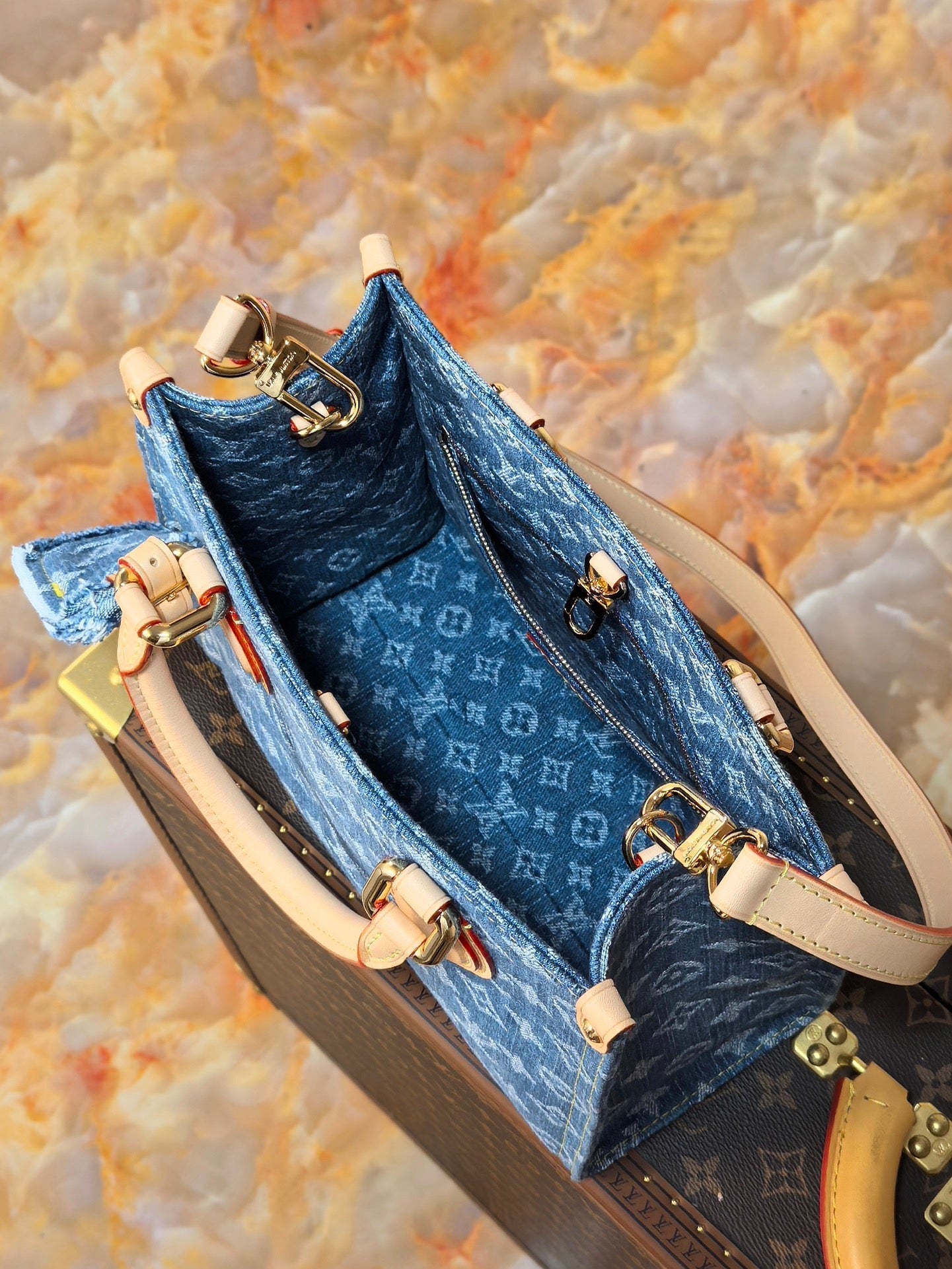 LOUIS VUITTON LV 25S ONTHEGO 28 IN BLUE MONOGRAM DENIM COTTON CALFSKIN LEATHER STRAP