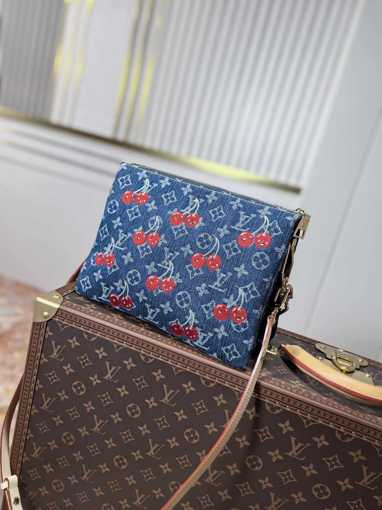 LOUIS VUITTON LV 25S COUSSIN BAG 26 IN DARK BLUE DENIM MONOGRAM CHERRY GOLD HARDWARE
